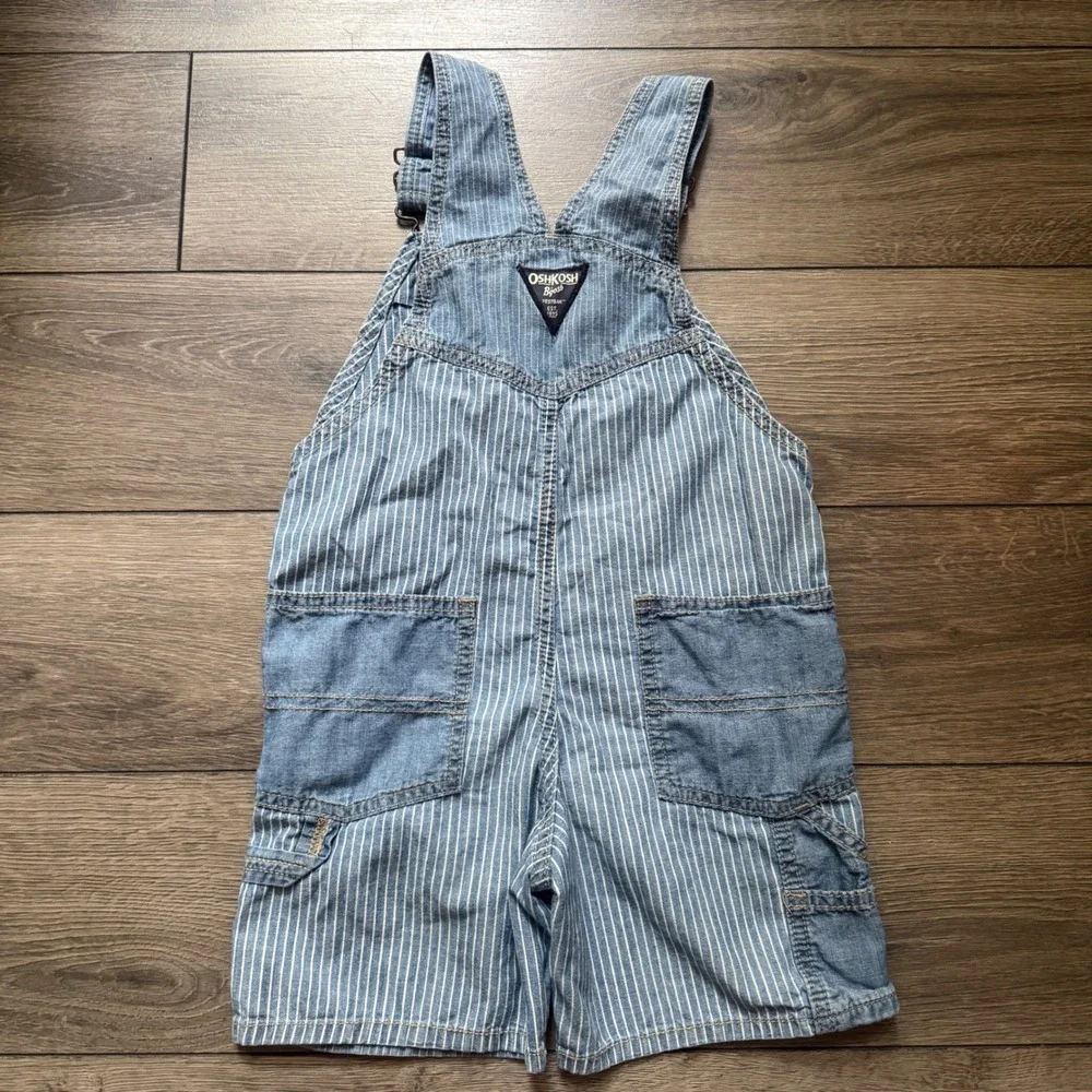 Vintage y2k OshKosh Bgosh Toddler 5T Hickory Stripe Denim Shortalls Blue White